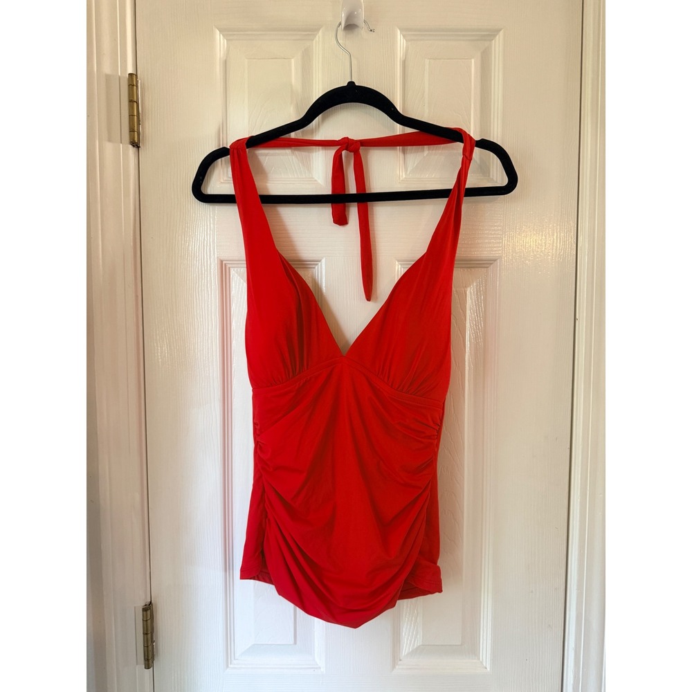 La Blanca Red Ruched Halter Tankini Top Surplice V-Neck Swimsuit New 10